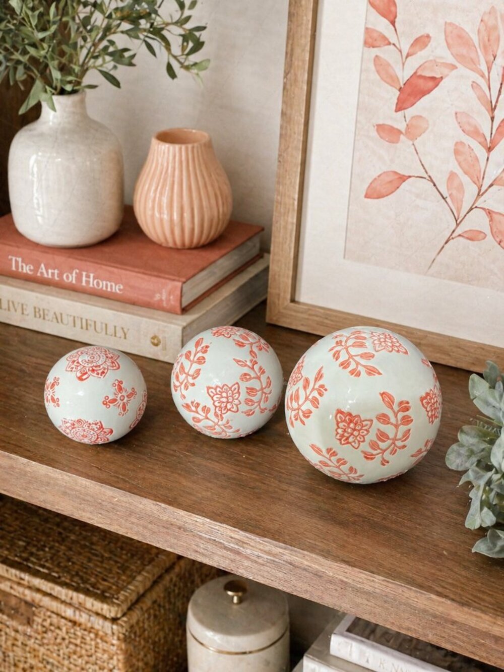 Coral Floral Decorative Sphere Shelf Set